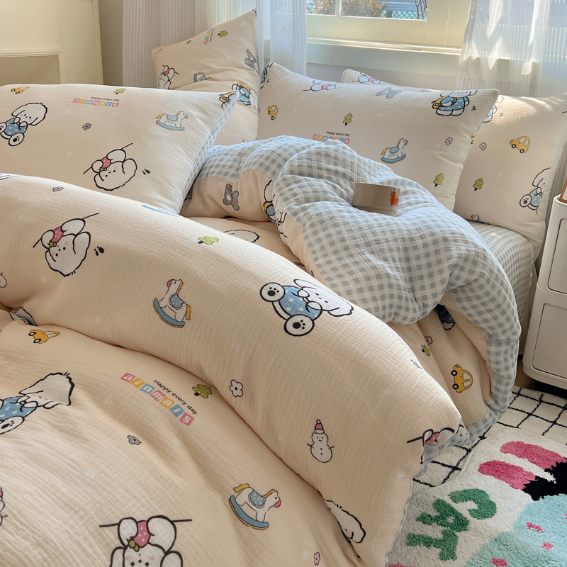 2024新款A类母婴级水洗棉床上用品四件套卡通儿童床单被套宿舍三件套