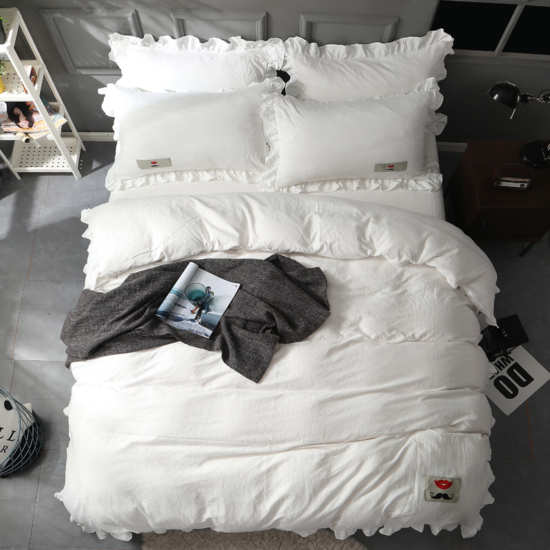 加厚水洗磨毛四件套（荷叶边商标款） 1.5m（5英尺）床 米白1