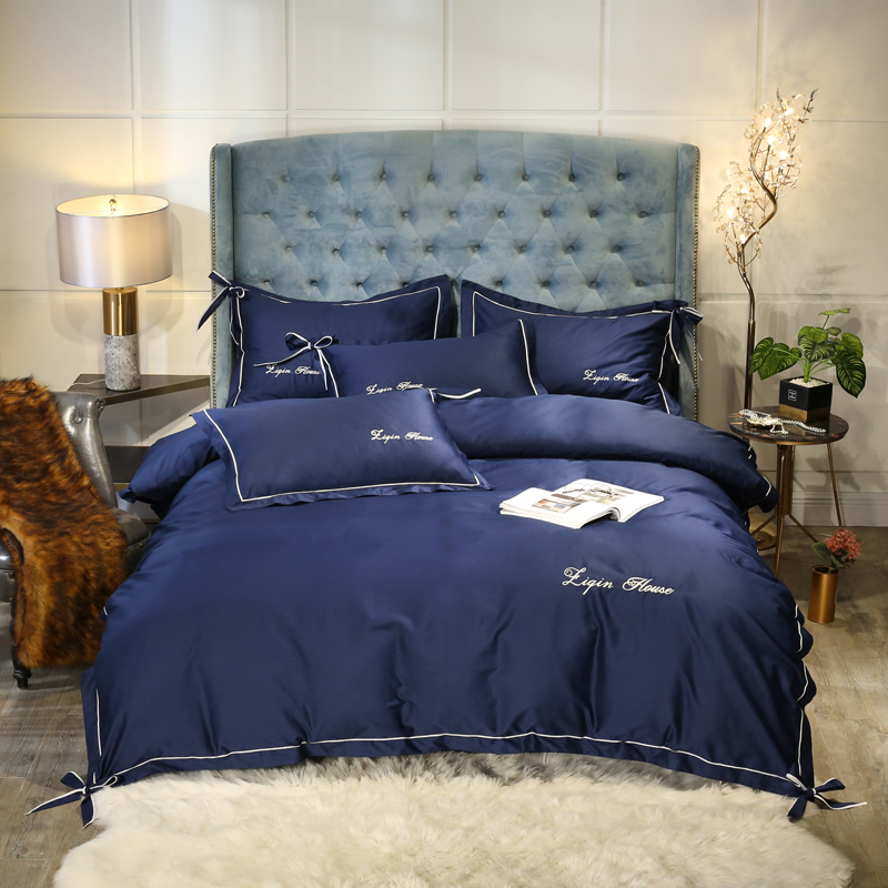 2019新款60S长绒棉蝴蝶结系列四件套 1.5m（5英尺）床 宝石蓝1