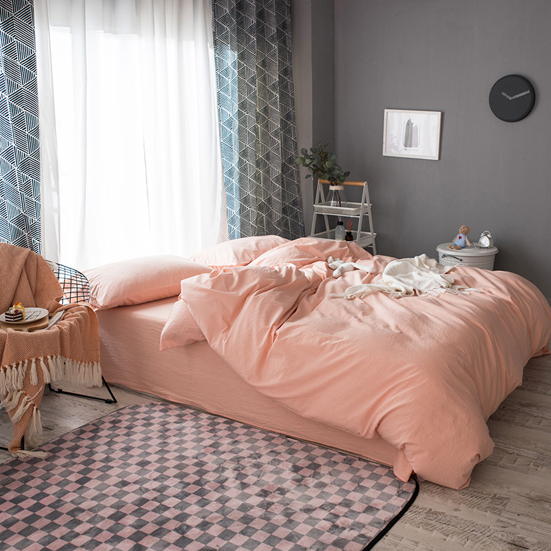 色织水洗棉四件套(纯色系列床笠款) 1.5m（5英尺）床 纯浅粉