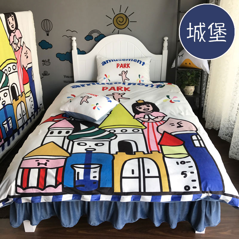 卡通宝宝绒四件套水晶绒三件套雪花绒法莱绒珊瑚绒牛奶绒法兰绒被套床裙露娜粉红豹加厚保暖秋冬季床上用品 1.2m床裙款四件套 城堡1
