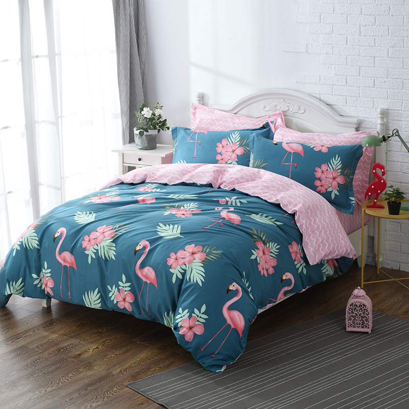 13372活性全棉四件套（火烈鸟系列） 1.5m（5英尺）床 火烈鸟-青1