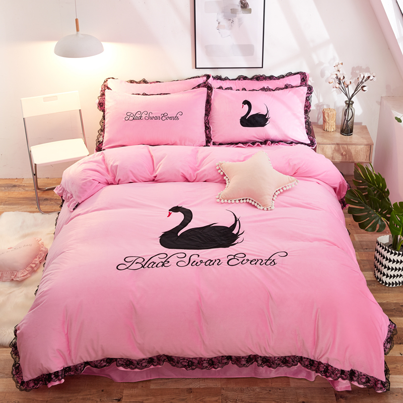 2018新款黑天鹅系列水晶绒四件套 标准1.5m-1.8m床 黑天鹅-粉1
