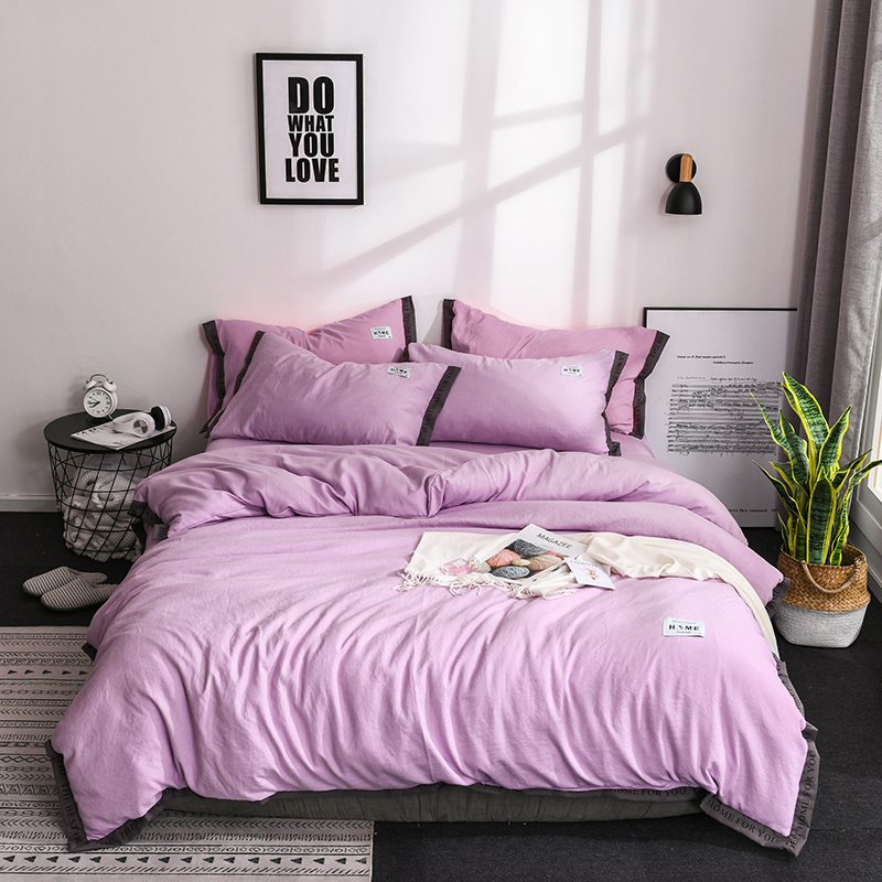 2018新款加厚磨毛水洗棉亲肤织带四件套 1.2m床 高贵紫1
