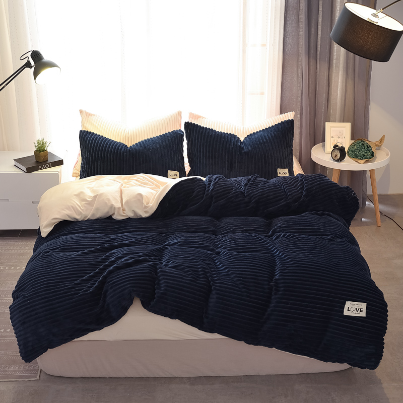 2018新款拼色魔法绒四件套保暖魔法绒水晶绒法莱绒珊瑚绒纯色双拼四件套 1.2m床（三件套） 宝蓝1