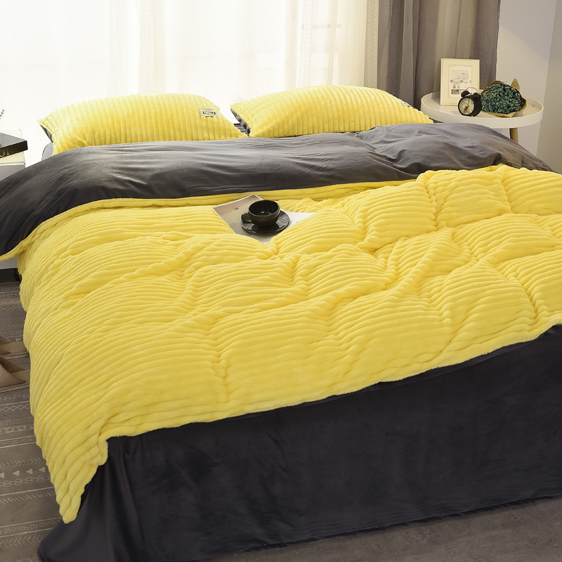 2018新款拼色魔法绒四件套保暖魔法绒水晶绒法莱绒珊瑚绒纯色双拼四件套 1.2m床（三件套） 嫩黄1