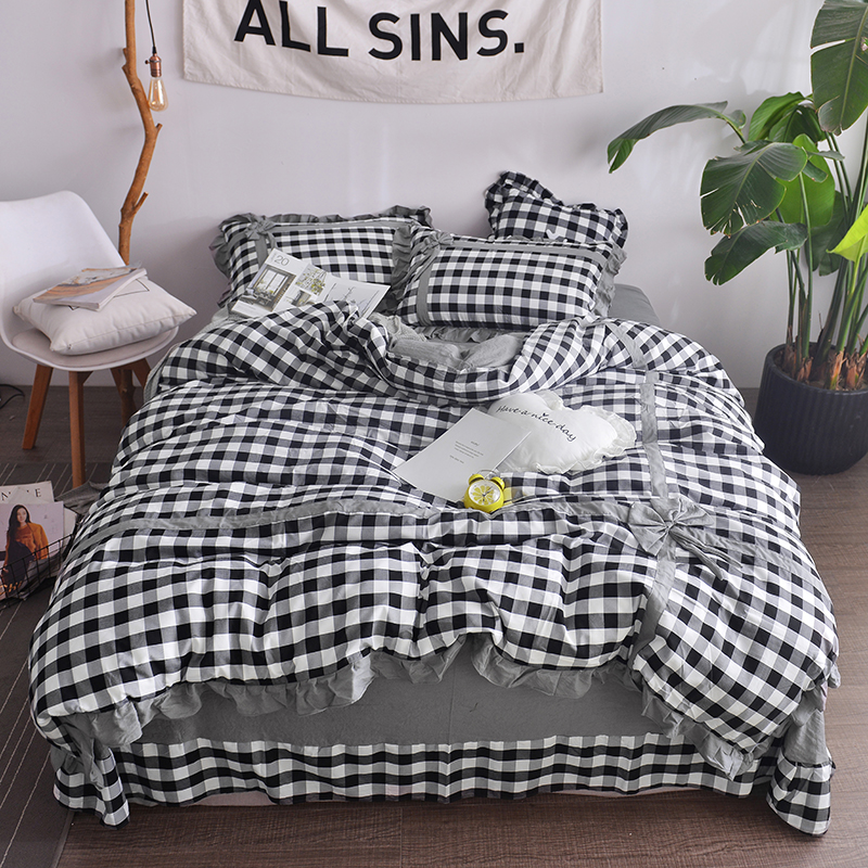 2018新款-色织水洗棉四件套 1.2m（4英尺）床 快乐气息-黑白（蝴蝶结款）1