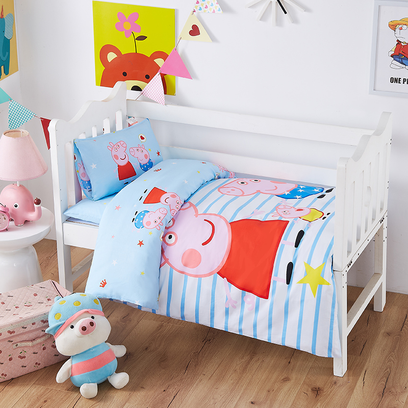 2018新品大版系列幼儿园套件-丝绵子母款（7件套） 垫芯60*135cm款七件套 条纹小猪1