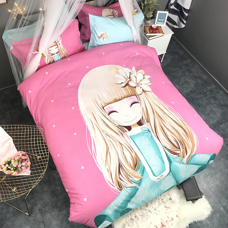 2018新款全棉13070卡通系列四件套 1.2m（床单款） 百合姑娘1