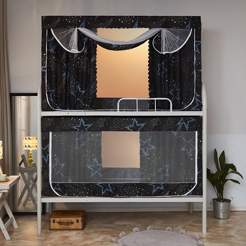 2019新品- 学生遮光床帘四面帐纱款一体式蚊帐 0.9m 上铺 1 灰格子1