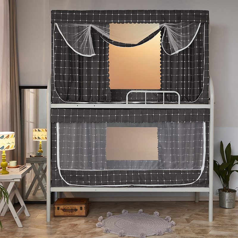 2019新品- 学生遮光床帘四面帐纱款一体式蚊帐 0.9m 下铺 1 灰格子1