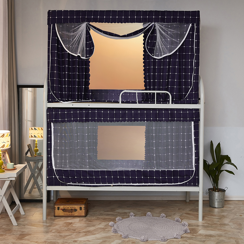2019新品- 学生遮光床帘四面帐纱款一体式蚊帐 0.9m 下铺 2 蓝格子1