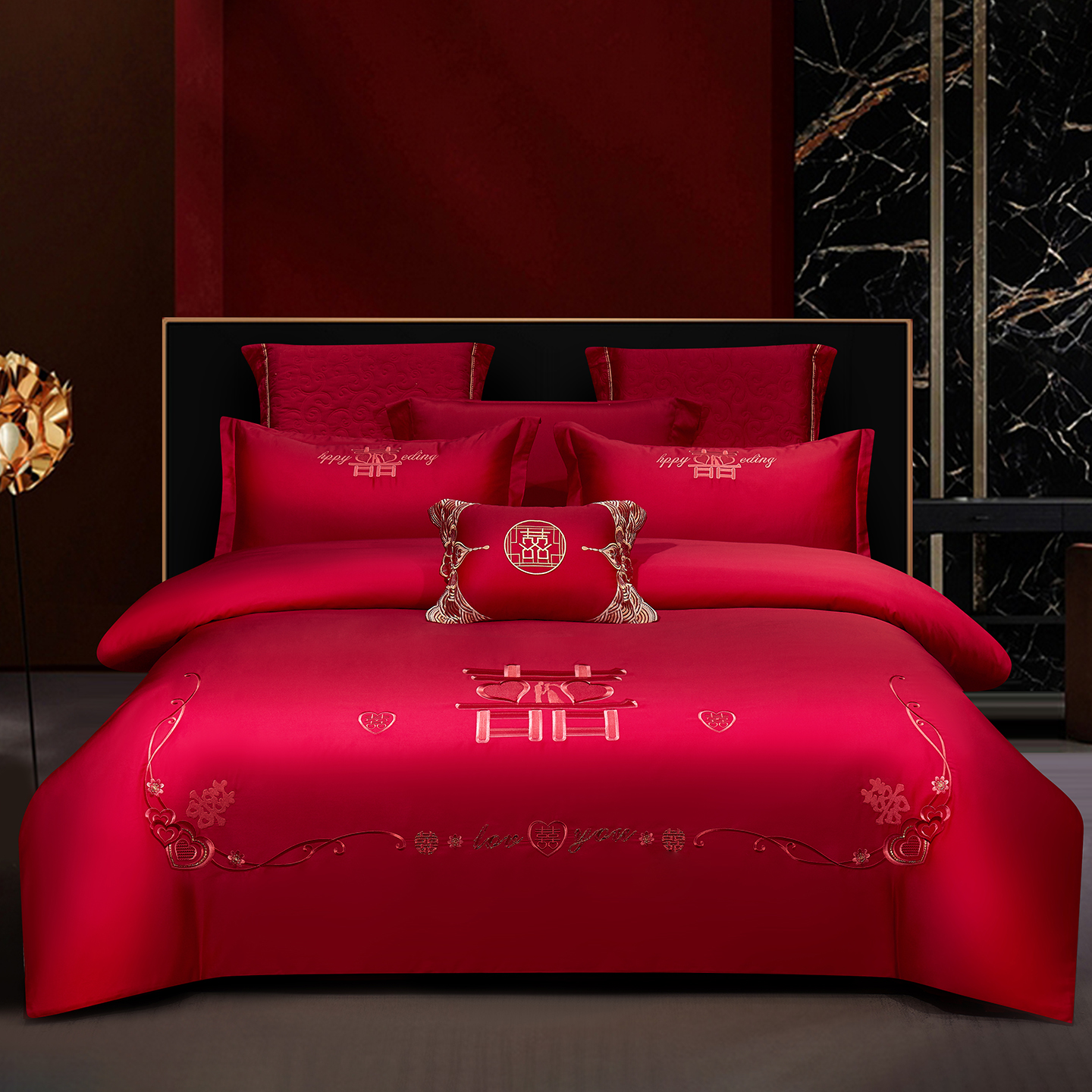2026新款100%全棉纯棉新中式刺绣大红结婚婚庆四件套多件套