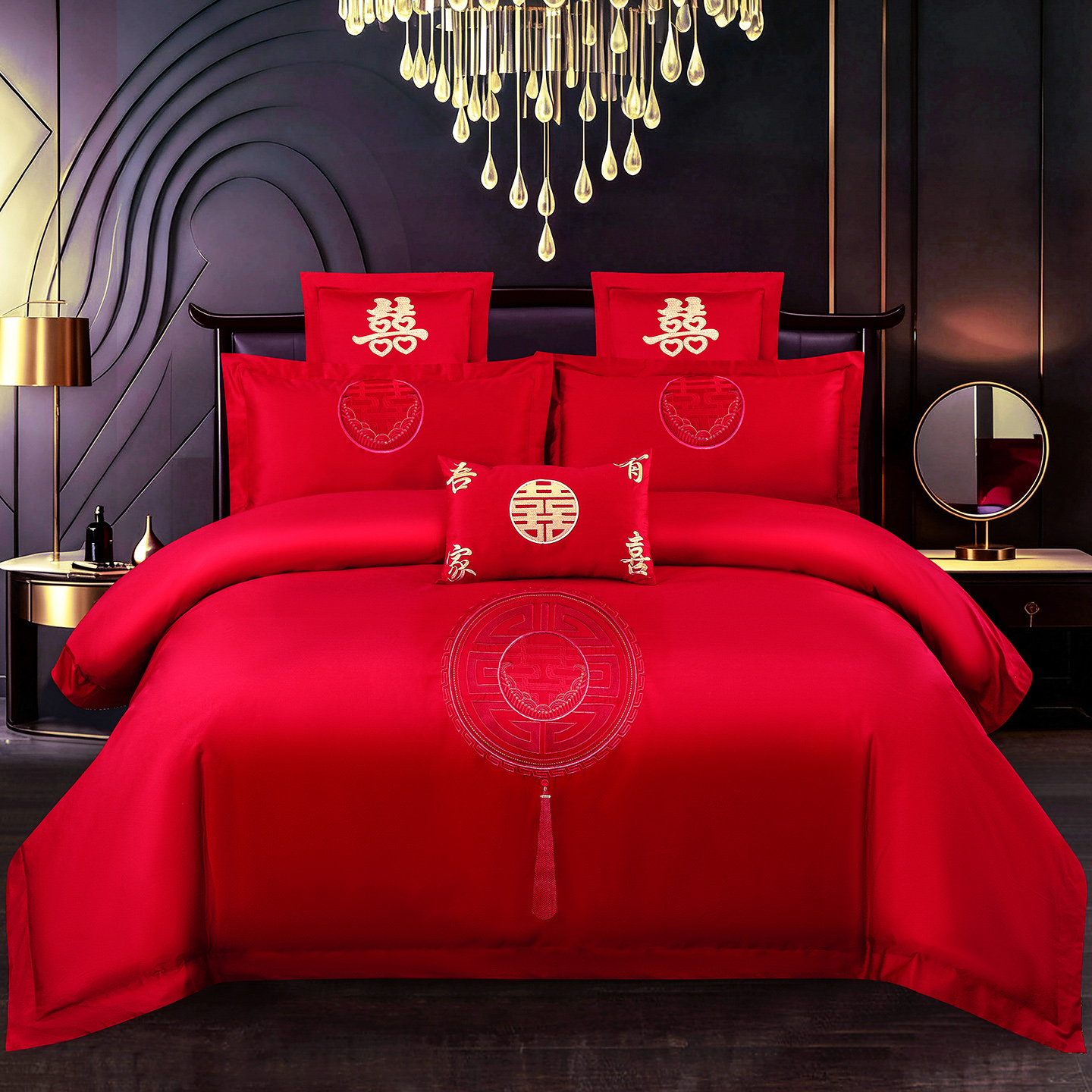 2026新款100%全棉长绒棉纯棉婚庆四件套结婚刺绣六件套多件套长期供货（提供买家秀）