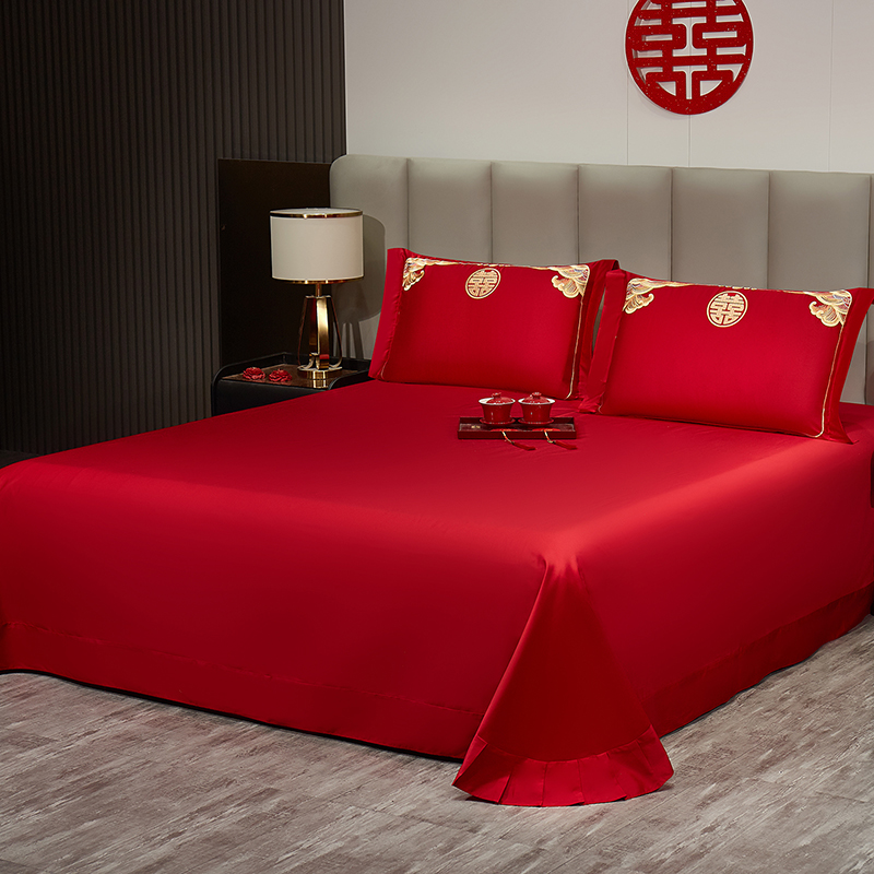 2026新款长绒棉100%纯棉全棉结婚刺绣婚庆床单单件绣花纯色三件套单品婚庆枕套长期供货 提供买家秀