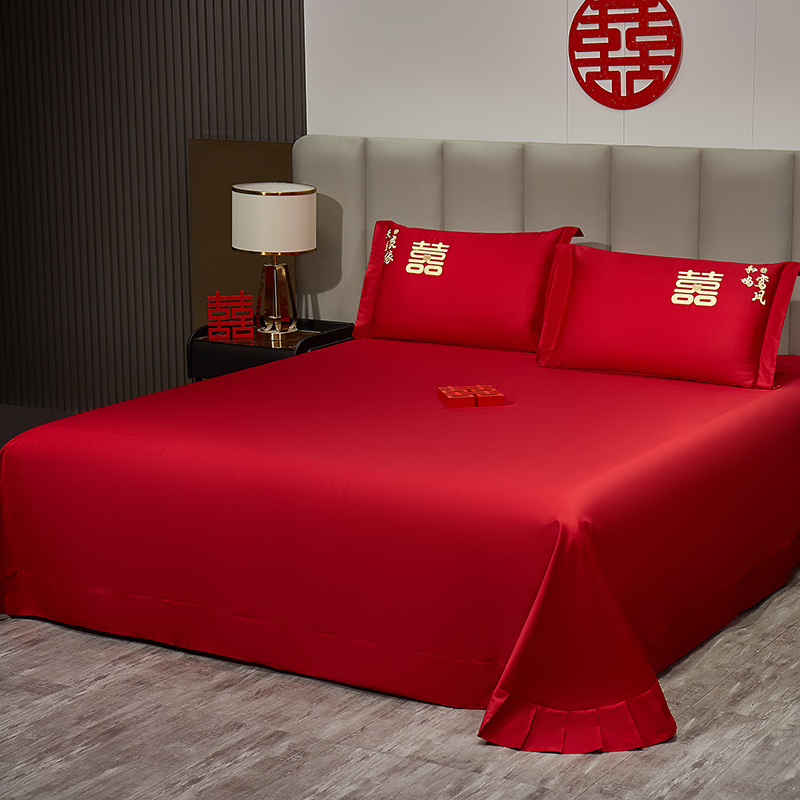 2026新款长绒棉100%纯棉全棉结婚刺绣婚庆床单单件绣花纯色三件套单品婚庆枕套长期供货 提供买家秀