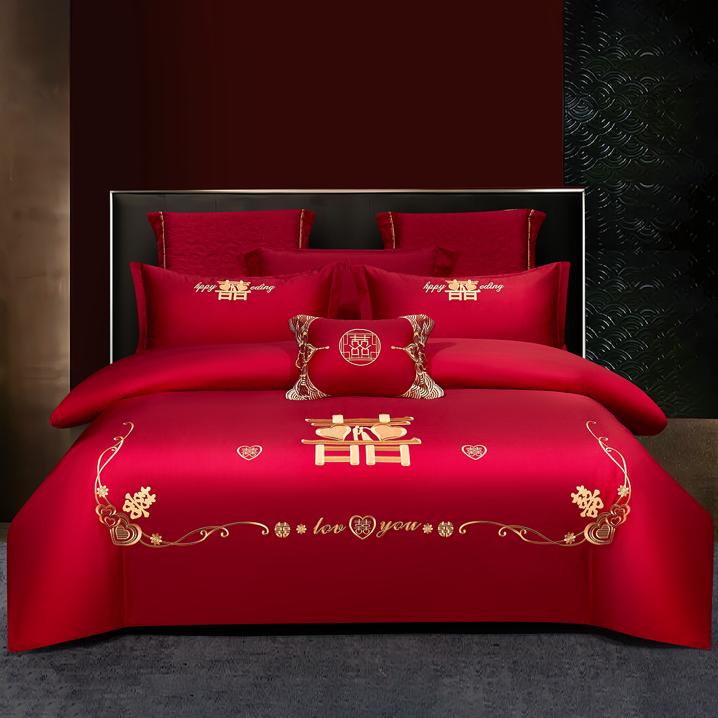 2026新款100%全棉纯棉新中式刺绣大红结婚婚庆四件套多件套