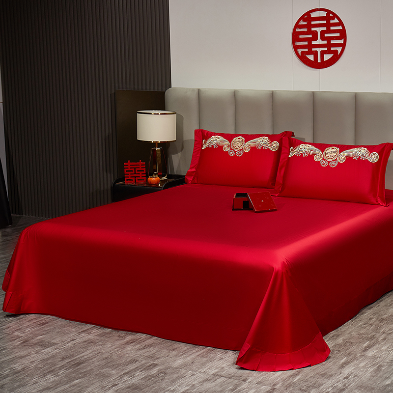 2026新款长绒棉100%纯棉全棉结婚刺绣婚庆床单单件绣花纯色三件套单品婚庆枕套长期供货 提供买家秀