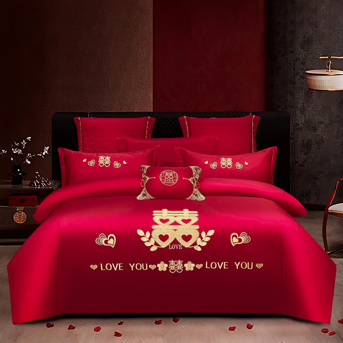 2026新款100%全棉纯棉新中式刺绣大红结婚婚庆四件套多件套