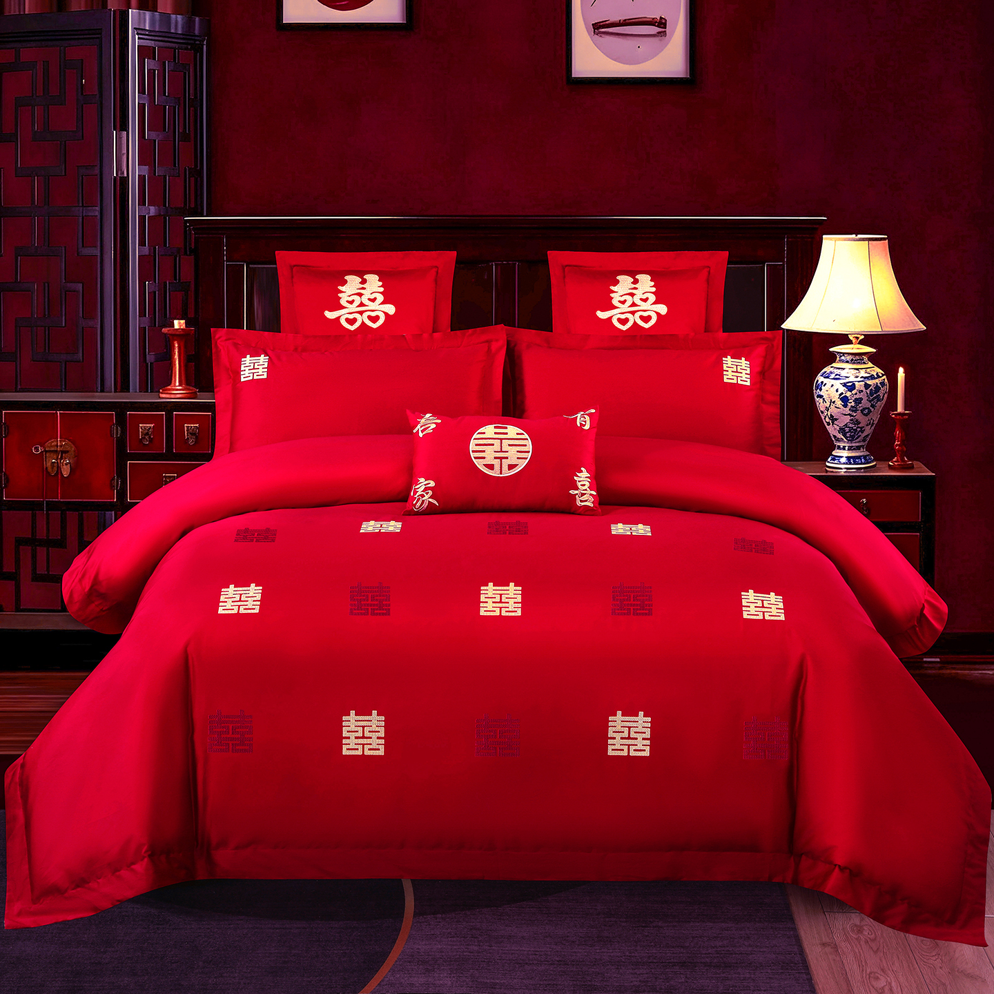 2026新款100%全棉长绒棉纯棉婚庆四件套结婚刺绣六件套多件套长期供货（提供买家秀）