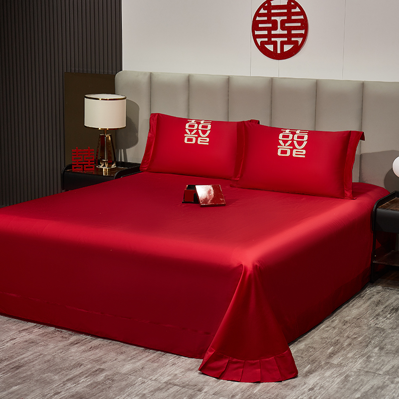 2026新款长绒棉100%纯棉全棉结婚刺绣婚庆床单单件绣花纯色三件套单品婚庆枕套长期供货 提供买家秀
