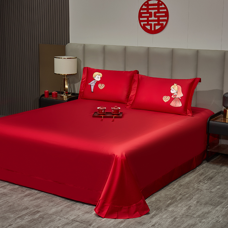 2026新款长绒棉100%纯棉全棉结婚刺绣婚庆床单单件绣花纯色三件套单品婚庆枕套长期供货 提供买家秀