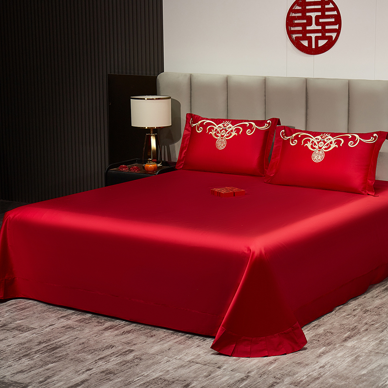 2026新款长绒棉100%纯棉全棉结婚刺绣婚庆床单单件绣花纯色三件套单品婚庆枕套长期供货 提供买家秀