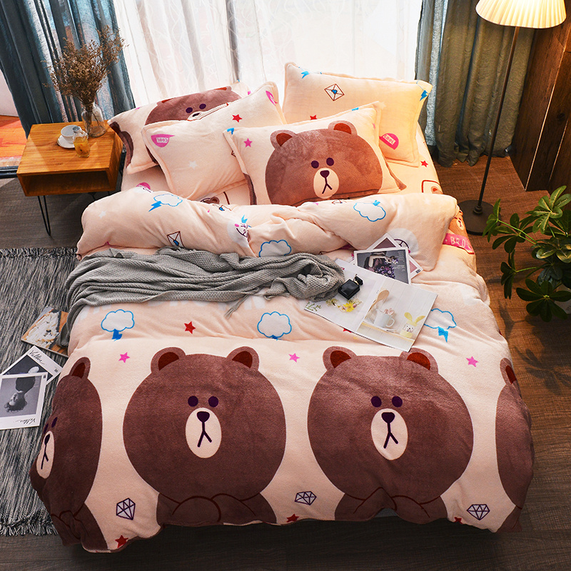 爆款2018新品 加厚法莱绒四件套 卡通珊瑚绒四件套法兰绒水晶绒【有同款单品：被套床单毛毯枕套】 小号（1.2m床） 萌宠熊宝1