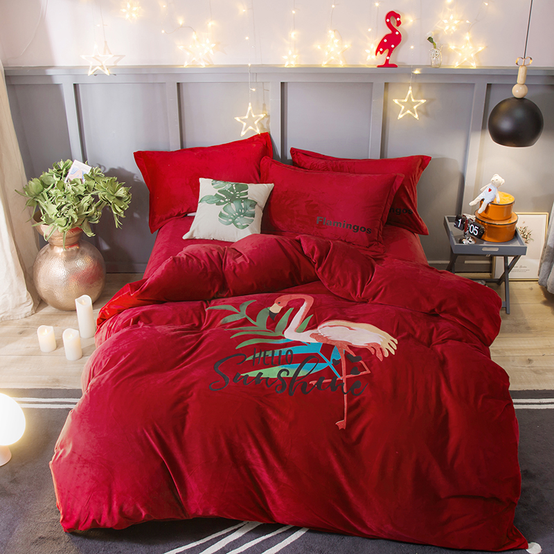 2018新款水晶绒火烈鸟四件套 1.5m（5英尺）床 大红