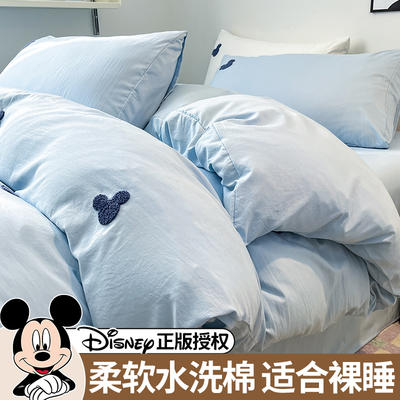 2023新款迪士尼水洗棉毛巾绣床单被套四件套床笠款 150*200cm单被套 米奇-天空蓝