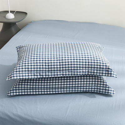 2021新款色织水洗棉全棉套件—单品枕套 48cmX74cm/对 蓝小格