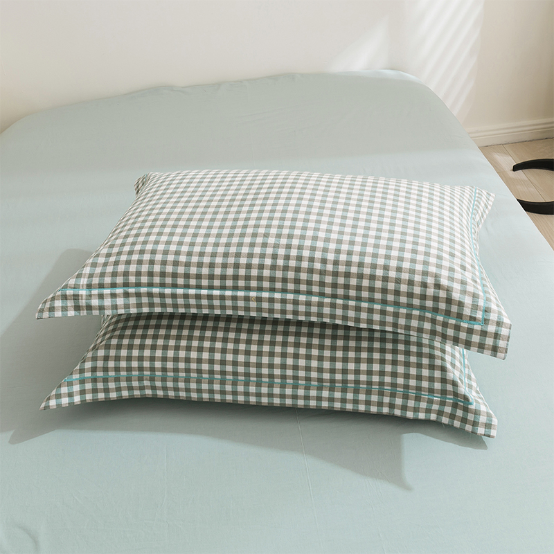 2021新款色织水洗棉全棉套件—单品枕套 48cmX74cm/对 绿小格