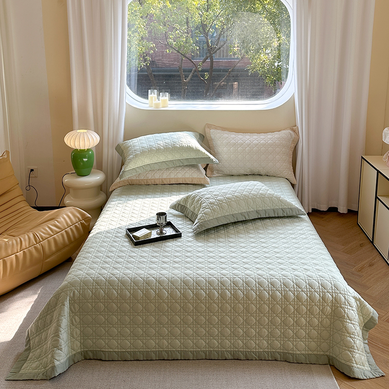 2024新款兰精天丝系列夹棉绗缝床盖 200*230cm单床盖 宝格丽直边床盖-格子绿