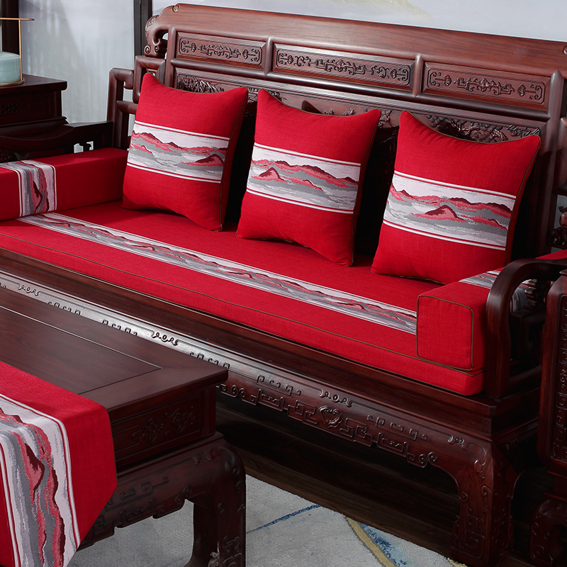 2021新款棉麻绣花织缎沙发垫抱枕靠垫 沙发垫定制 含芯4cm/平方 山高水长 红色