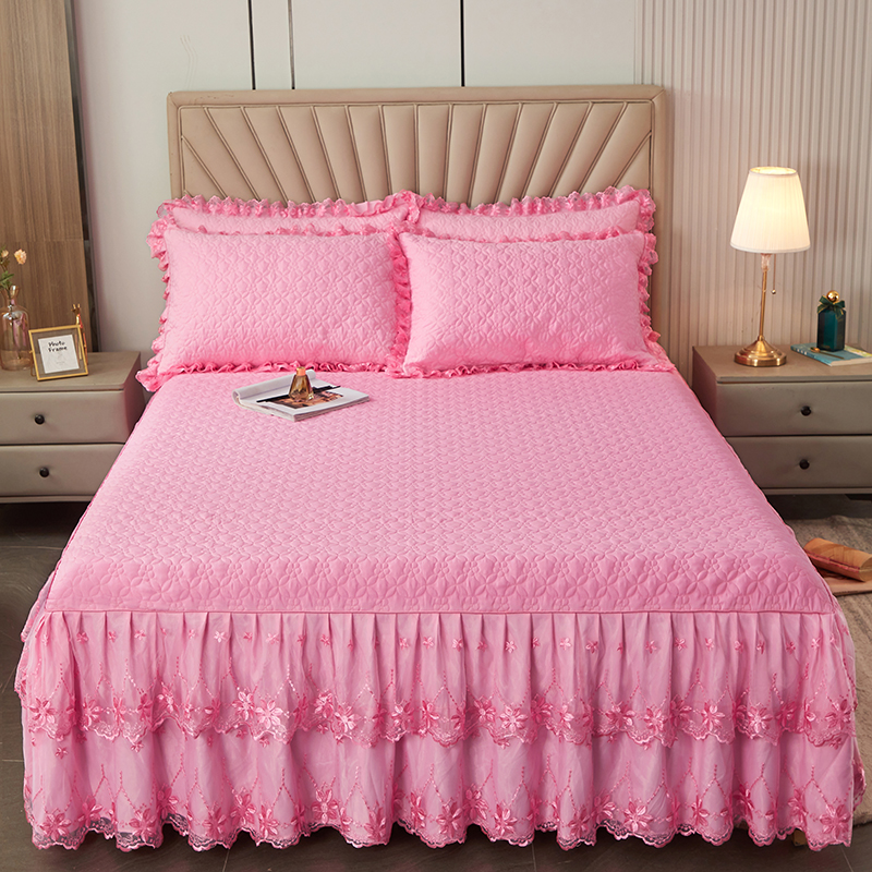 2023新款亲肤磨毛夹棉蕾丝床裙系列 150cmx200+45cm 粉色