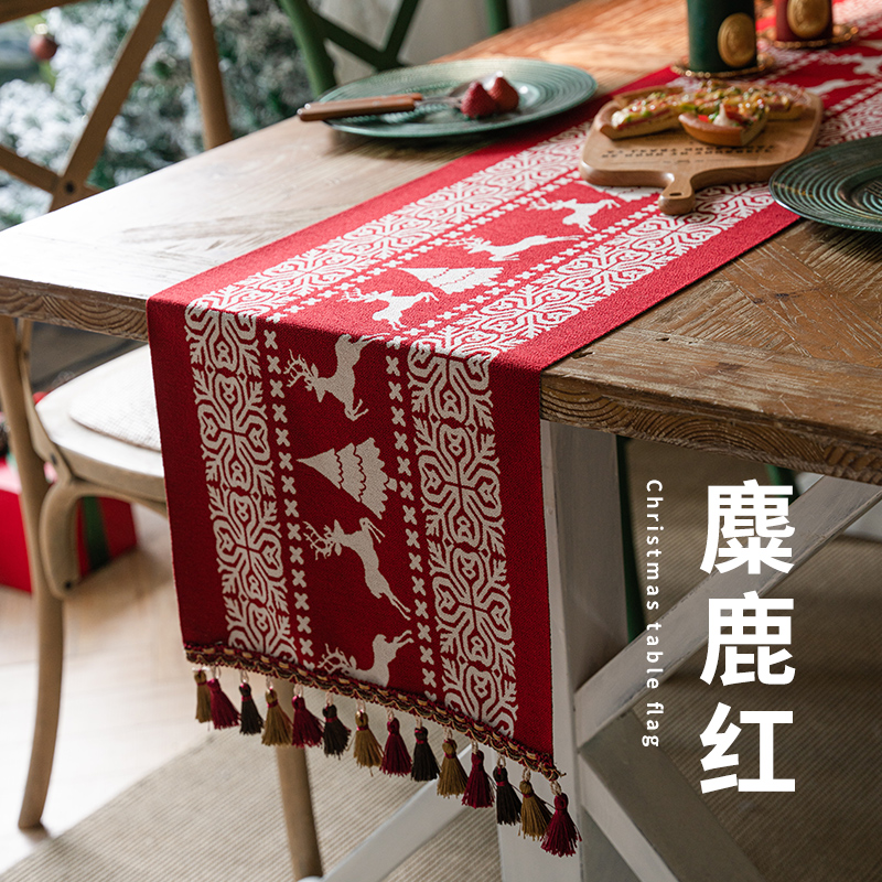 2023新款雪尼尔色织提花桌旗系列-圣诞风 35*160 麋鹿红