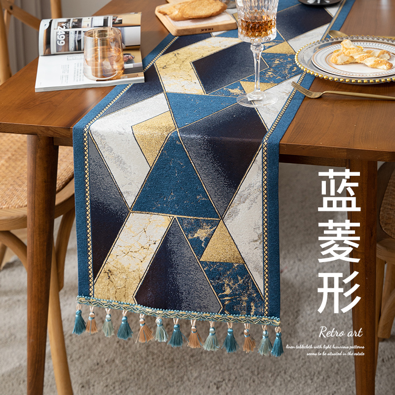 2023新款雪尼尔色织提花桌旗系列-美式复古风 35*160 蓝菱形