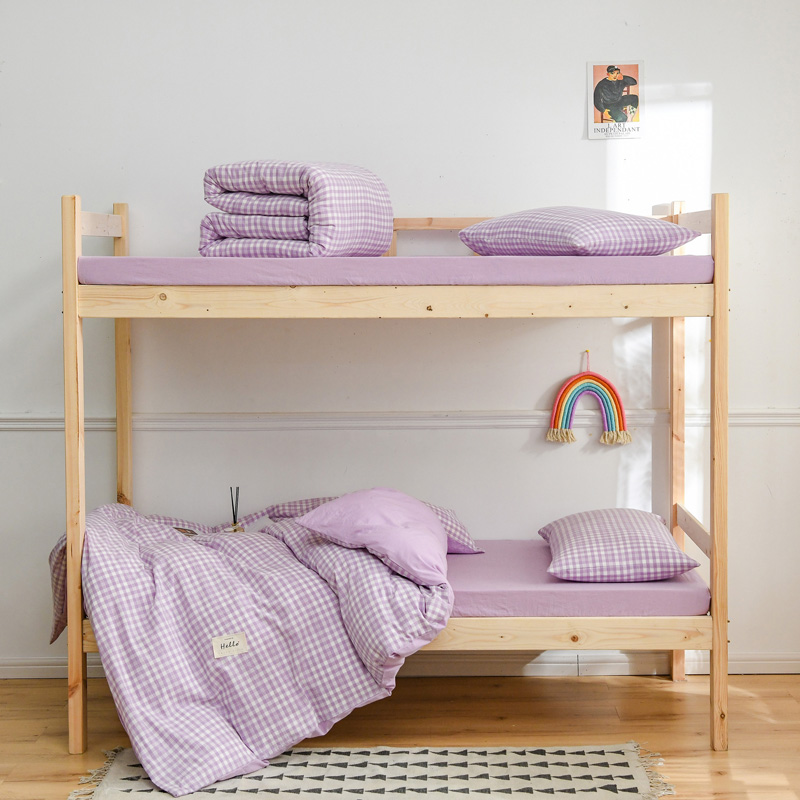 全棉色织良品宿舍床上三件套学生寝室单人全棉被套纯棉床单四件套 0.9m床单款三件套 彩虹紫小格(紫色)