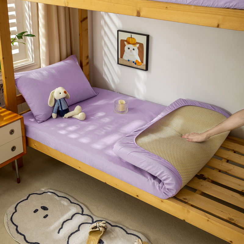 新款学生宿舍专用纯棉水洗棉儿童床笠床罩0.9M褥子床垫套三件套全棉床单 90*200+15cm单床笠 紫色