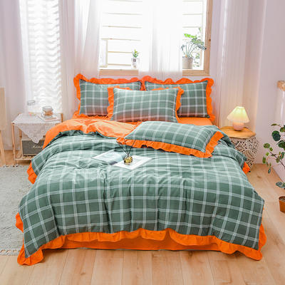 2021新款韩版水洗棉时尚格四件套 1.5m床 床单款 四件套 绿橙