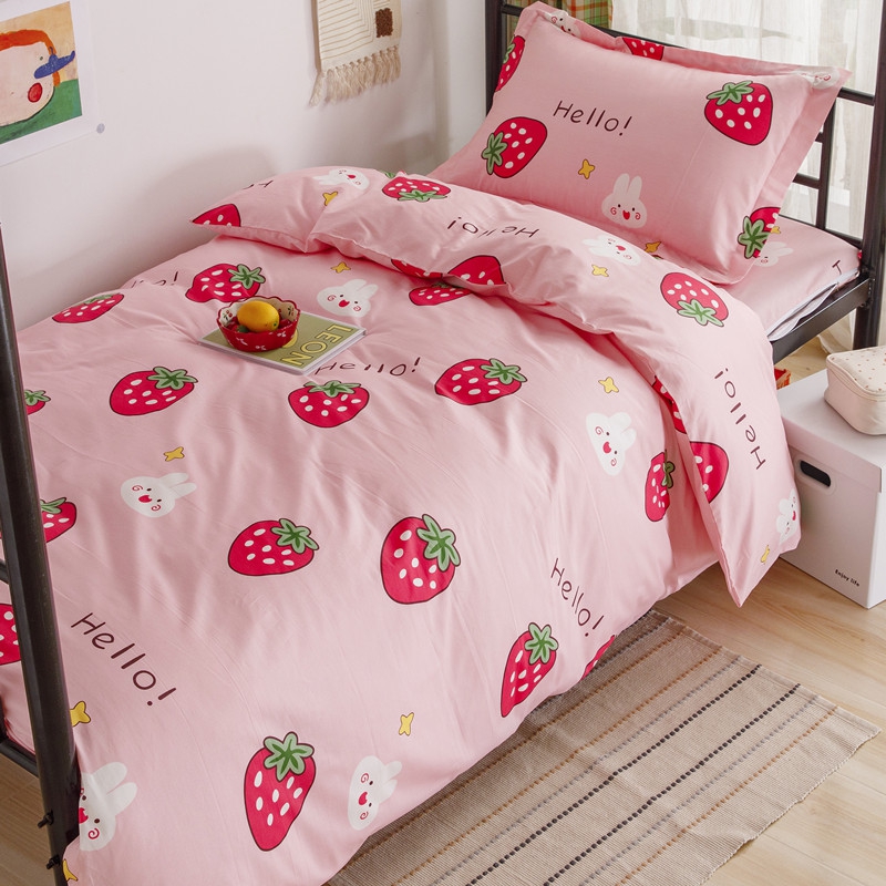 2023新款全棉学生床笠三件套纯棉床罩床垫套三件套 枕套一只 可爱草莓-粉