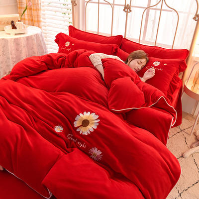 2021新款牛奶绒毛巾绣四件套-晚安系列 1.8米床单款四件套 魅力红