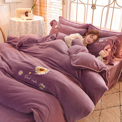 2021新款牛奶绒毛巾绣四件套-晚安系列 1.8米床单款四件套 梦幻紫