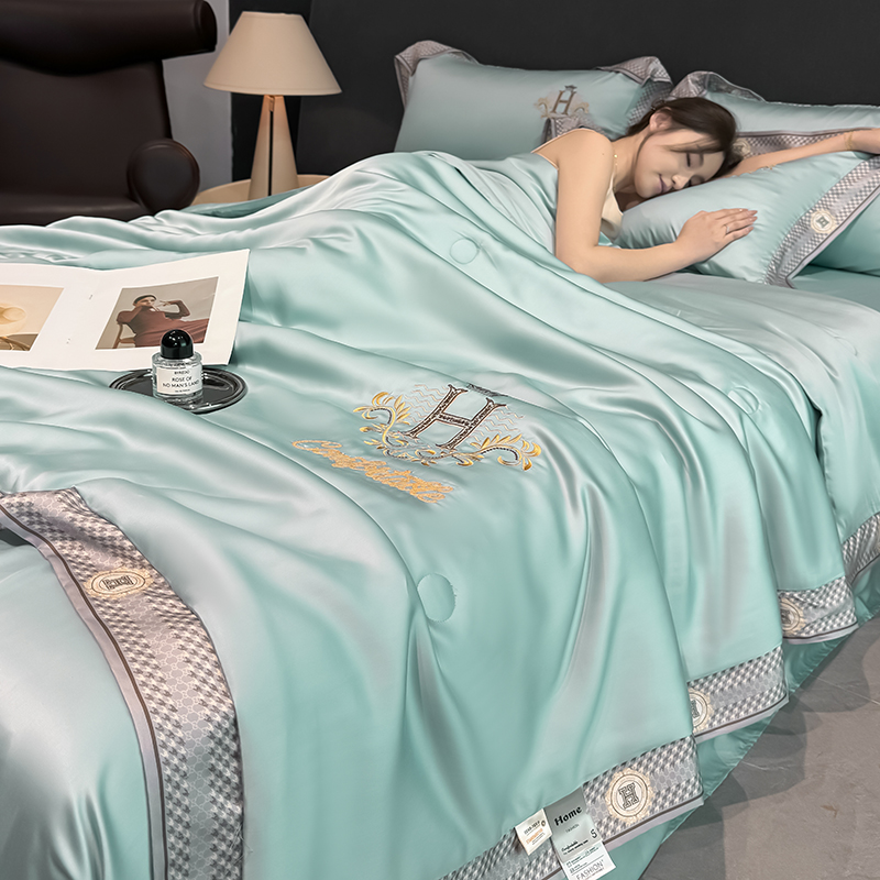 2026新款轻奢款水洗真丝刺绣数码宽边夏被四件套-格调 格调-水绿