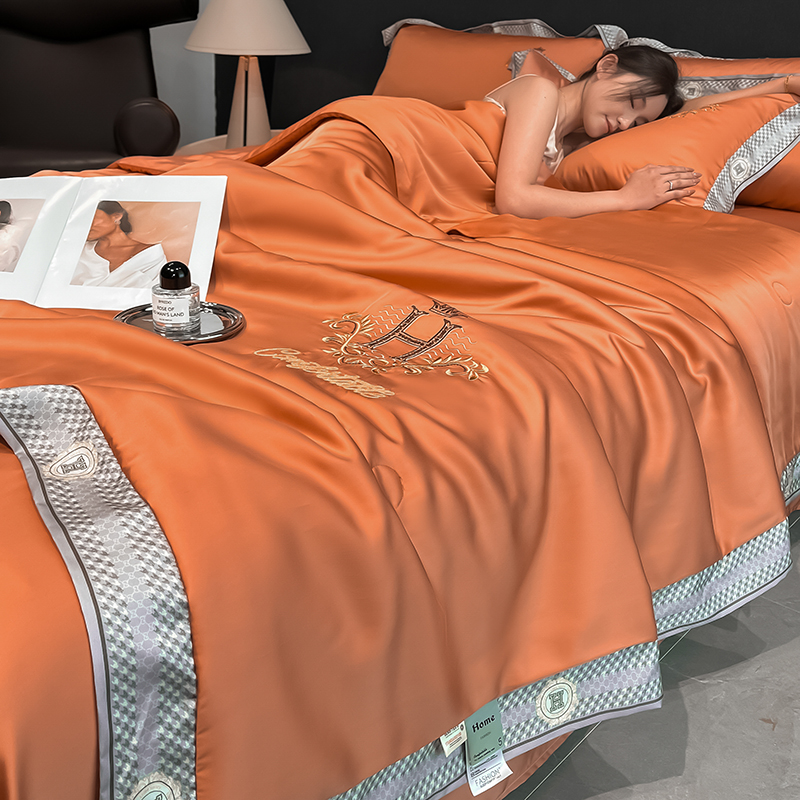 2026新款轻奢款水洗真丝刺绣数码宽边夏被四件套-格调 格调-秋橘色