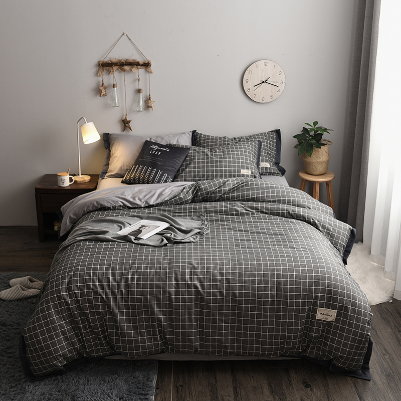 2018新款-北欧格子+英文织带拼接工艺款 床笠款被套加大1.8m床 良品格调