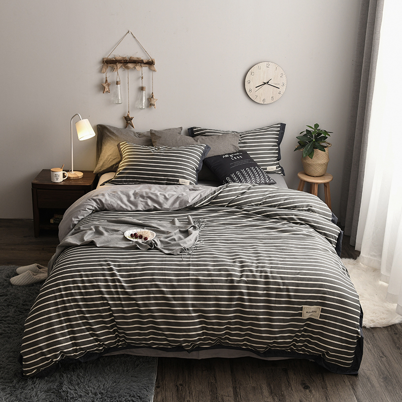 2018新款-北欧格子+英文织带拼接工艺款 床笠款被套加大1.8m床 平行空间