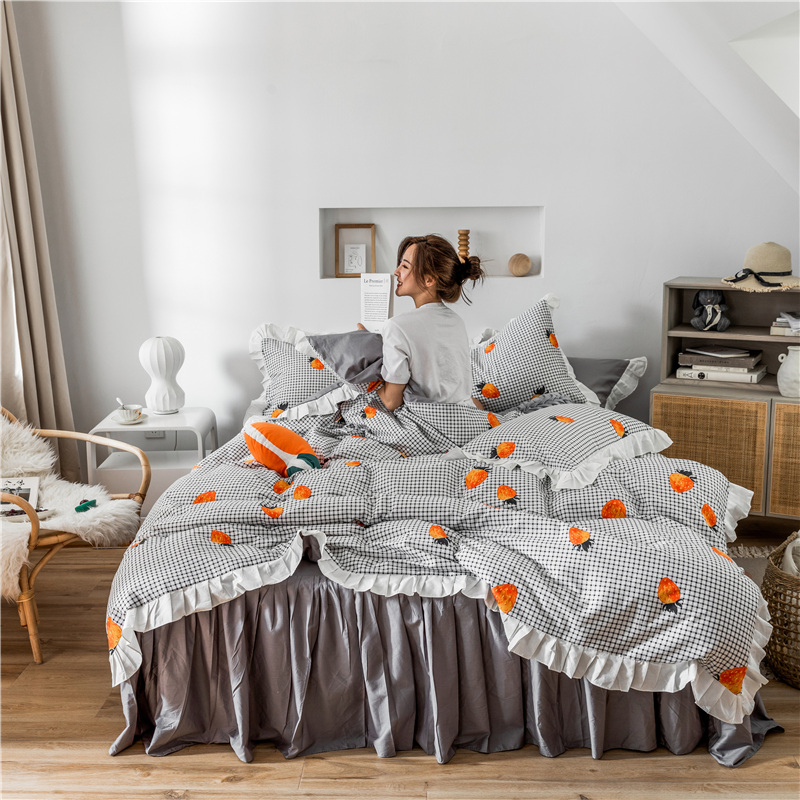 2019新款-韩式床裙少女公主风四件套 床单款四件套1.5m（5英尺）床 草莓派橙