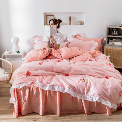 2019新款-韩式床裙少女公主风四件套 床单款四件套1.5m（5英尺）床 草莓派粉
