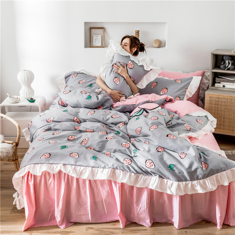 2019新款-韩式床裙少女公主风四件套 床单款四件套1.5m（5英尺）床 草莓派灰